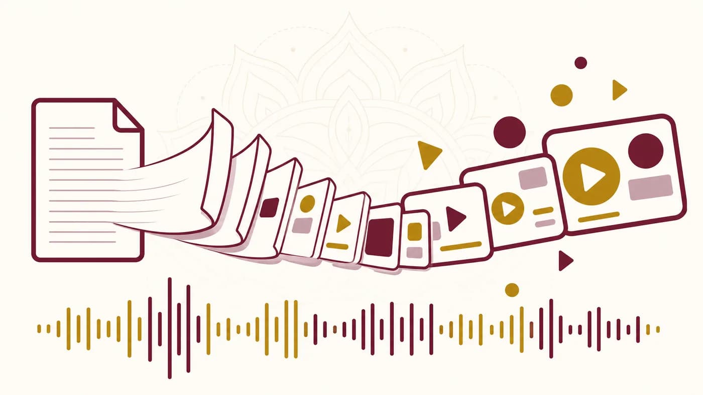 A written script fanning out into a row of video frames above a soundwave, on a mandala motif