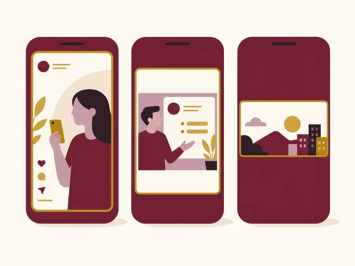 The same edit shown on three phones — a vertical reel, a square post and a widescreen clip