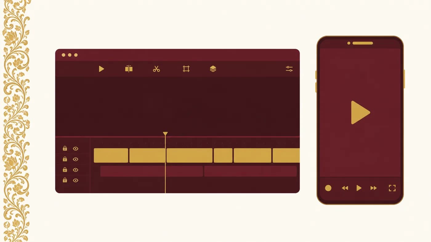 A video editing timeline beside a phone playing the finished cut, bordered with gold floral filigree
