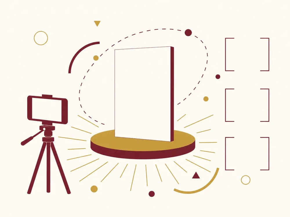A product on a lit pedestal being filmed on a tripod, with motion paths and three crop frames around it