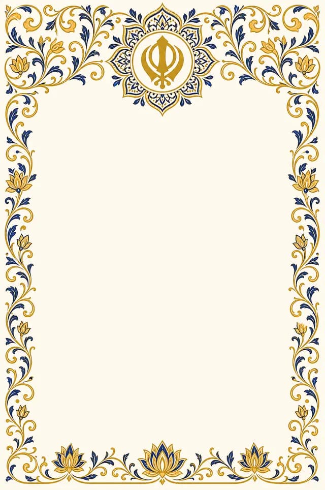 Khanda Royal marriage biodata template — a Khanda medallion above saffron and royal-blue floral vines