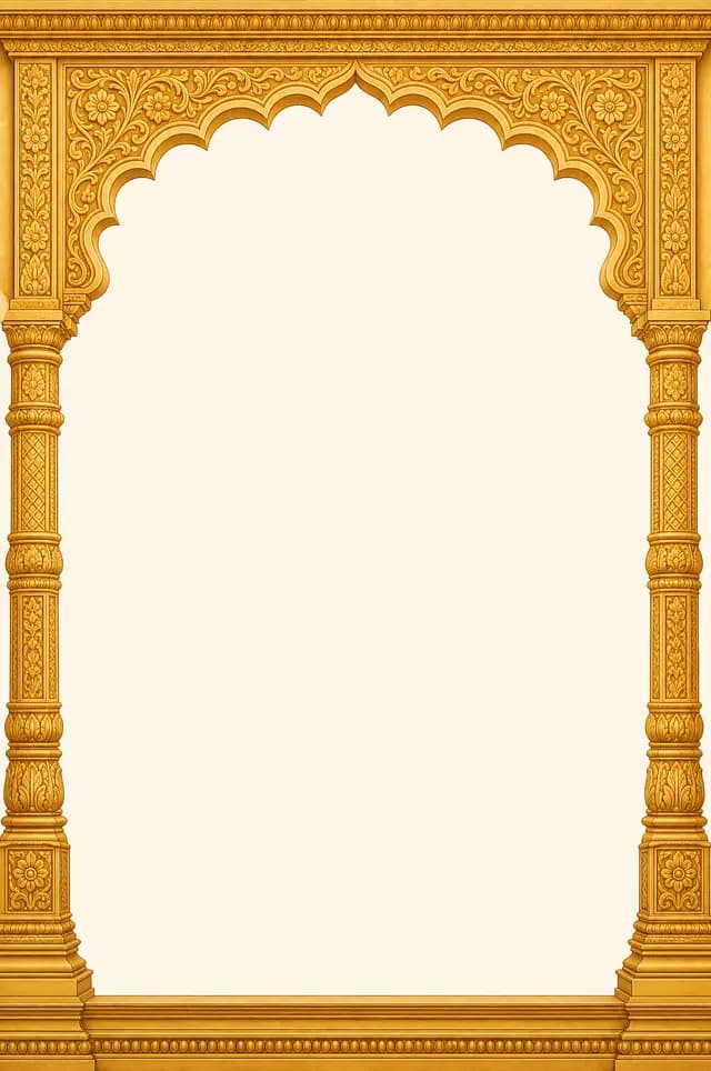 Jharokha Gold marriage biodata template — carved jharokha arches and gopuram detailing in gold