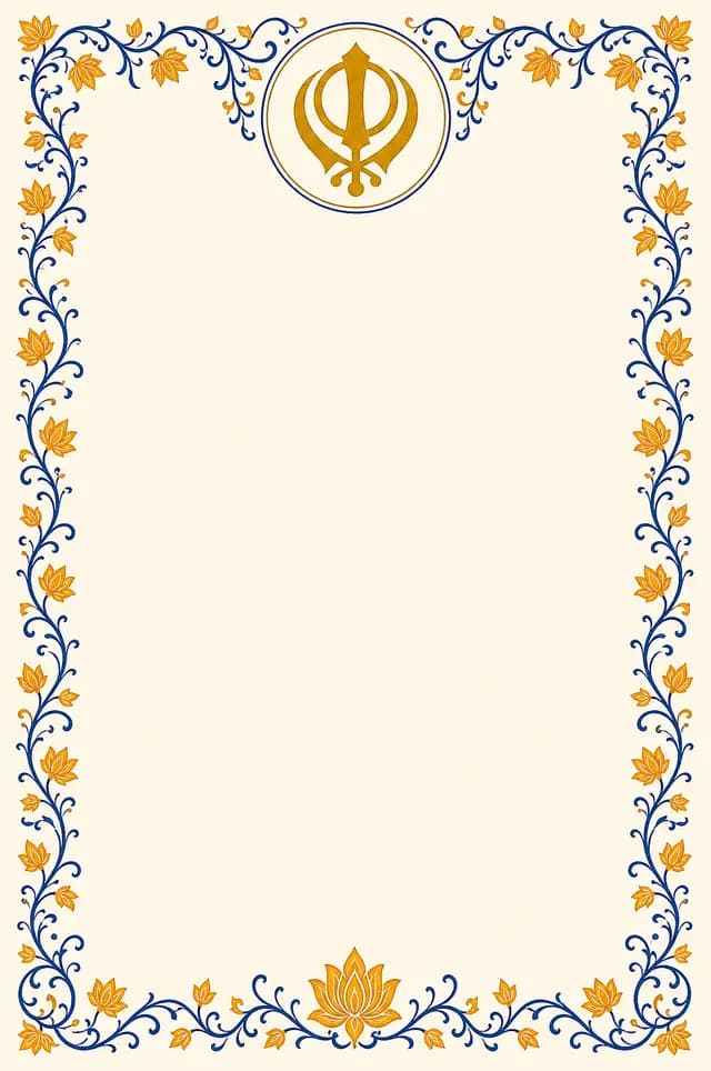 Khanda Saffron marriage biodata template — a Khanda medallion above saffron and royal-blue floral vines